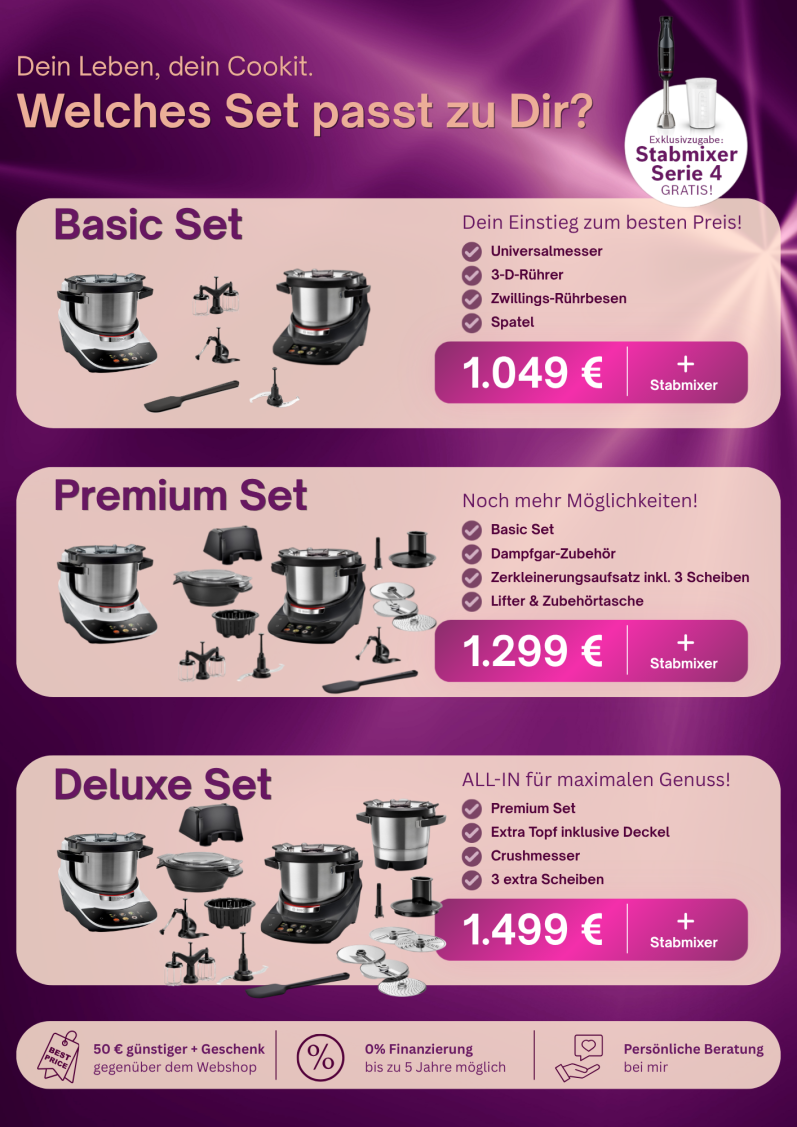 Bosch Cookit Angebote im Überblick: Basic Set für 1.049 €, Premium Set für 1.299 € und Deluxe Set für 1.499 € – jeweils inkl. Stabmixer