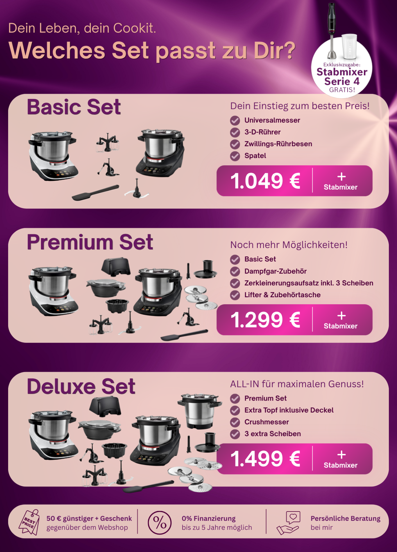 Dein Cookit. Dein Set. Dein Preis. Bosch Cookit Angebote im Überblick: Basic Set für 1.049 €, Premium Set für 1.299 € und Deluxe Set für 1.499 € – jeweils inklusive Stabmixer